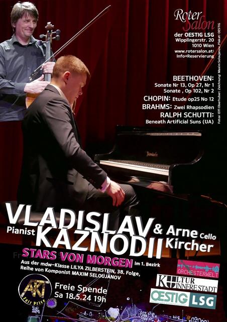Beethoven als Rahmen für Klassik und Gegenwart: Pianist VLADISLAV KAZNODII und Cellist ARNE KIRCHER.  | Foto: © Malerei: Maxim Seloujanov, Fotos: Elfi Oberhuber, Plakat: OESTIG 