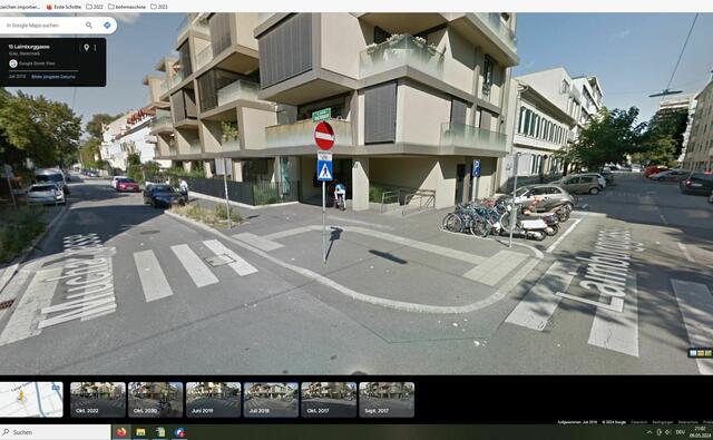 Blick in die Laimburggasse im Oktober 2020. 
Hinten sind mehrere Blauglockenbaum-Auswüchse erkennbar, die Mutterbäume wurde bereits einmal gefällt. Stämme sind nicht mehr ersichtlich, grüne Austriebe dominieren das Bild.
Bildquelle: Google street view

Bildquelle: Google Streetview