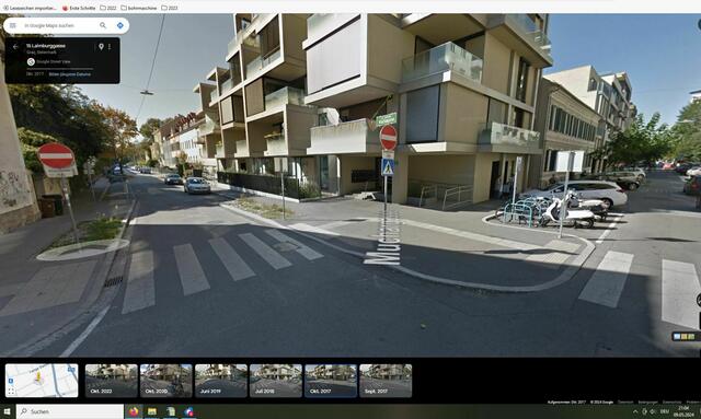 Blick in die Laimburggasse im Oktober 2017. 
Hinten ist ein Blauglockenbaum in reiner Natur ersichtlich. Beim genauen Hinsehen können wir auch Brüder und Schwestern von ihm entdecken. Er ging vermutlich im Jahr 2010 auf, seine Brüder und Schwestern vermutlich ein bis drei Jahre später.
Bildquelle: Google Streetview