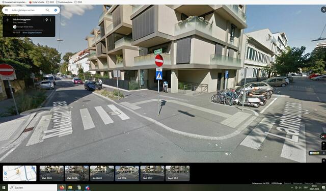 Blick in die Laimburggasse im Juli 2018. 
Hinten ist ein Blauglockenbaum in reiner Natur ersichtlich. Daneben Brüder und Schwestern von ihm. Er ist nun ein wenig größer, wie im Jahr 2017...
Bildquelle: Google Streetview