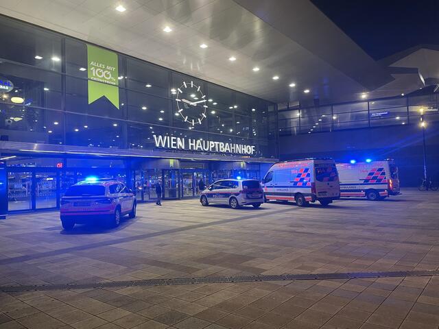 Einsatzfahrzeuge der Polizei und der Berufsrettung Wien wurden vergangene Nacht vor dem Hauptbahnhof Wien gesichtet.  | Foto: Johannes Reiterits/RMW