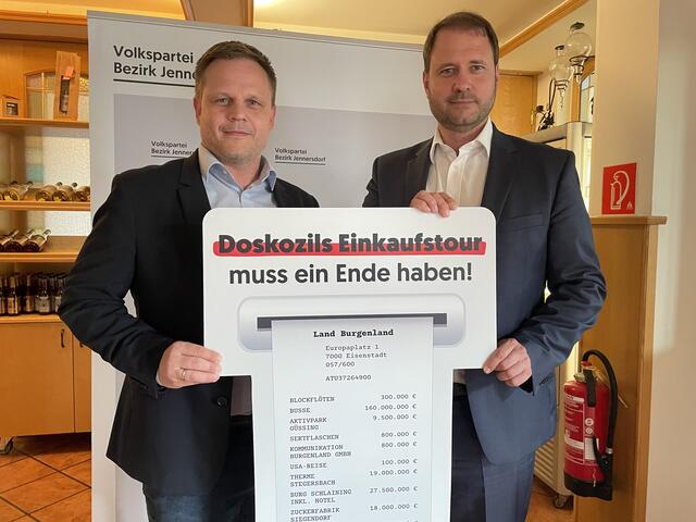 ÖVP-Bezirksobmann Philipp Kohl und ÖVP-Landesparteiobmann Christian Sagartz wollen ein Ende der Einkaufspolitik von Landeshauptmann Hans Peter Doskozil.  | Foto: Elisabeth Kloiber