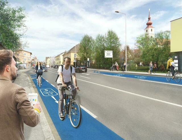 Der blaue Fahrradstreifen zieht sich bereits durch weite Strecken der St.-Peter-Hauptstraße und der Petersgasse. Ein weiteres Stück soll ab Juni zwischen Moserhofgasse und Waltendorfer Gürtel folgen. | Foto: Rendering: Land Steiermark/Stadt Graz