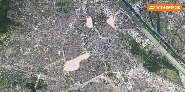 Das sind die vier Wiener Pilotgebiete für "Raus aus Gas": Alliiertenviertel (2.), Rossau (9.), Gumpendorfer Straße (6.) und Huber-Block (16.). | Foto: Wien Energie / FotobyHofer Christian Hofer