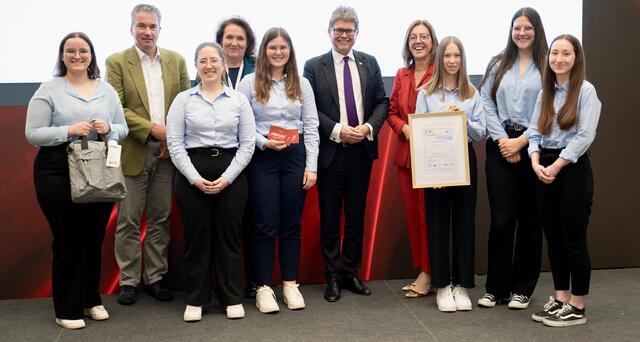 v.l.n.r.: 1. Reihe: Johanna Köck, Aliz Nagy, Katja Pirkner, Julia Samorajska, Leonie Haselmayr, Sophia Hausner (Team WataAngel), 2. Reihe: MMag. Werner Bossniak (e.e.si-Niederösterreich), Brigitte Yildirim-Hummer (Social Impact Banking, UniCredit Bank Austria), ao. Univ.-Prof. Dr. Martin Polaschek (Bundesminister für Bildung, Wissenschaft und Forschung (BMBWF)), Mag. Dr. Brigitte Schuckert (Leiterin Pädagogischer Dienst, Bildungsdirektion NÖ)