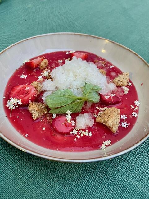 Panna Cotta mit Erdbeeren und Hollunderblütengranite.