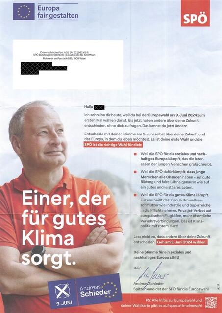 Die SPÖ forderte in personalisierten Wahlwerbe-Briefen auch 14-Jährige dazu auf, zur EU-Wahl zu gehen. | Foto: BRS
