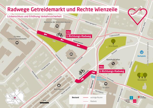 Mit dem Rad soll man zukünftig sicherer vom Karlsplatz in Richtung Mariahilferstraße und umgekehrt fahren können. | Foto: Mobilitätsagentur Wien 