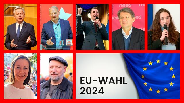 Die Spitzenkandidatinnen und Spitzenkandidaten zur EU-Wahl (von links oben): Reinhold Lopatka (ÖVP), Andreas Schieder (SPÖ), Harald Vilimsky (FPÖ), Helmut Brandstätter (NEOS), Lena Schilling (Grüne), Maria Hubmer-Mogg (DNA), Günther Hopfgartner (KPÖ)