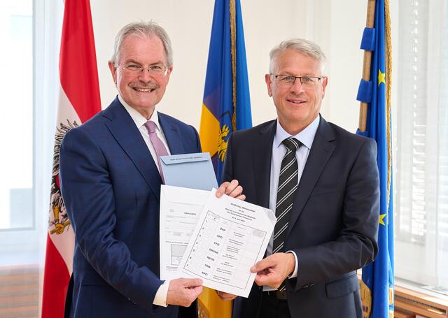 Der stellvertretende Landeswahlleiter Landtagspräsident Karl Wilfing (l.) und Peter Anerinhof, Leiter der Abteilung Wahlen im Amt der Landesregierung, mit einem Muster-Stimmzettel für die Europa-Wahl. | Foto: NLK/Pfeiffer