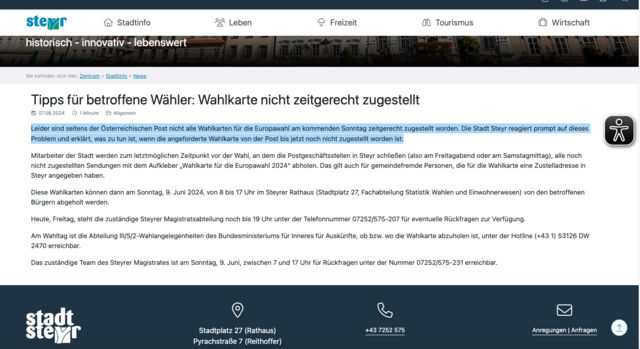 Auf der Homepage der Stadt Steyr wird auf die Misere der nicht zeitgerecht zugestellten Wahlkarten hingewiesen. | Foto: Screen BRS
