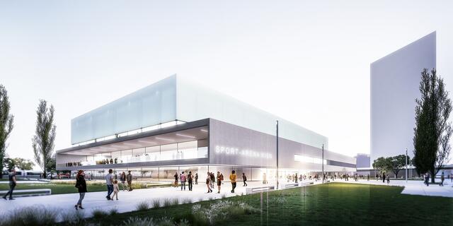 Diese Visualisierung zeigt, wie die neue Sport Arena Wien nach der Fertigstellung aussehen soll. Für das Vorzeigeprojekt am Handelskai bringt die Stadt Wien rund 133 Millionen Euro auf den Weg. | Foto: Karl und Bremhorst Architekten