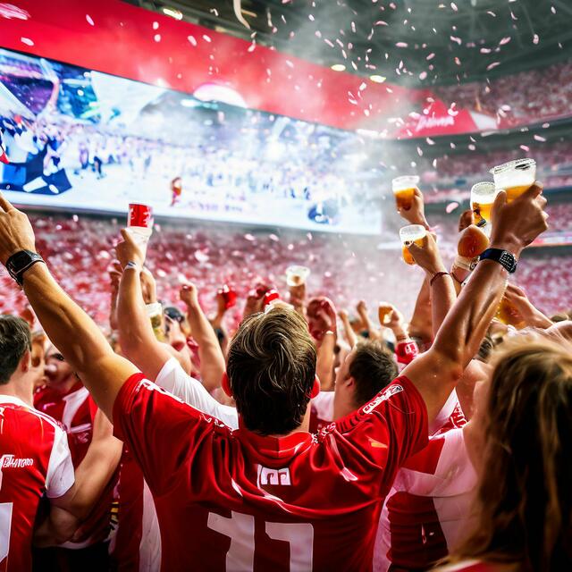 Eine Bierdusche in der Menge gehört beim Public Viewing dazu. | Foto: KI generiert