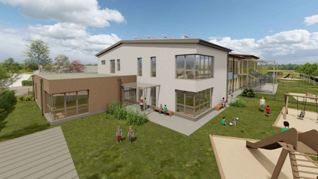 Computersimulation des fertigen Kindergarten- und Tagesstätten Zubaus in Haag. | Foto: Gemeinde Haag