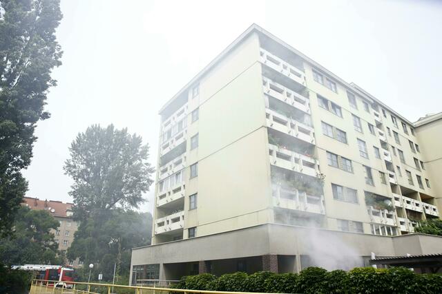 Der Keller im Gemeindebau "Kurt-Heller-Hof" begann am Freitag zu brennen. Die Folge war ein Großeinsatz. | Foto:  TOBIAS STEINMAURER / APA / picturedesk.com