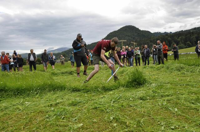 Franz Tanner aus Obertrum beim Mähen einer 10x10 m Parzelle in der Kategorie „Profiklasse – Herren“. | Foto: Landjugend Salzburg