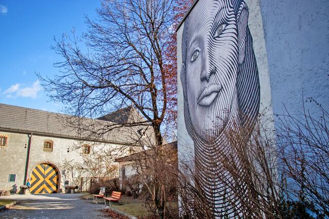 Murals wie dieses, 2021 von Lukas Goller kreierte Schwarz-Weiß-Bild beim Zeughaus, sind auf der Streetart-Map sichtbar. | Foto: IKM