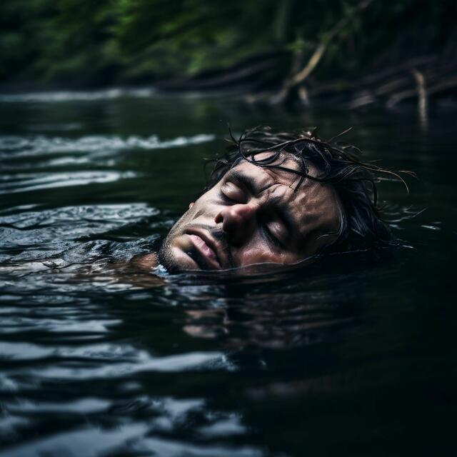 Ein Mann lag erschöpft im Fluss, den Kopf nur knapp über der Wasseroberfläche haltend. | Foto: Generiert mit KI