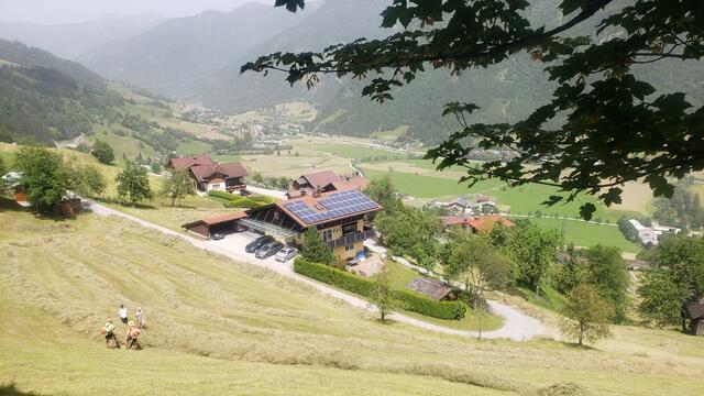 Mit dem Rechen und dem Blasgerät
 wird das duftende Heu, vom steilen Gelände an die 
Straße gebracht. Blick nach Hofgastein.