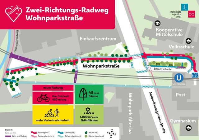 Der bisherige Mehrzweckstreifen wird durch einen drei Meter breiten und 450 Meter langen Zwei-Richtungs-Radweg ersetzt und bietet neue Anbindungen zum Erilaweg und schießt an den bestehenden Radweg in der Anton-Baumgartner-Straße an. Diese Verbindung ermöglicht eine weitere Fahrt Richtung Altmannsdorf. | Foto: Stadt Wien/ Mobilitätsagentur Wien