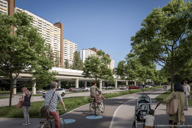 Ein Zwei-Richtungs-Radweg wird entlang der U6 und des Wohnparks Alt-Erlaa geplant. Dabei wird eine Lücke geschlossen, denn die Wohnparkstraße schließt künftig an den Leisingbachradweg an. | Foto: ZOOMVP/Mobilitätsagentur Wien