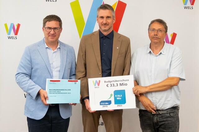 V.l. Finanzreferent Bürgermeister Andreas Rabl präsentiert mit Finanzdirektor Christoph Barth und Georg Lanz (Leiter Dienststelle Stadtbuchhaltung) den Rechnungsabschluss 2023. | Foto: Stadt Wels