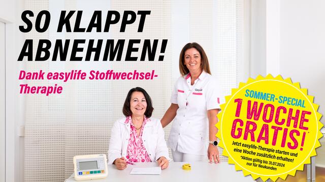 Wenn nicht jetzt, wann dann? Bis 31. Juli mit einer easylife-Therapie starten, bedeutet für Neukunden 1 Gratis-Woche zusätzlich erhalten und rasch erste Abnehmerfolge genießen.