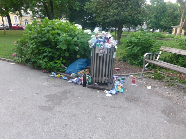 Einer von vielen übervollen Mistkübeln.
Wervolle Rostoffe wie Glas, Aluminium und div. Plastiksorten werden als Restmüll entsorgt.