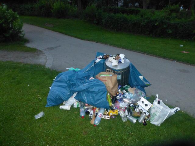 Einer von vielen übervollen Mistkübeln.
Wervolle Rostoffe wie Glas, Aluminium und div. Plastiksorten werden als Restmüll entsorgt.