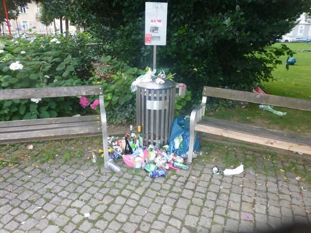 Einer von vielen übervollen Mistkübeln.
Wervolle Rostoffe wie Glas, Aluminium und div. Plastiksorten werden als Restmüll entsorgt.