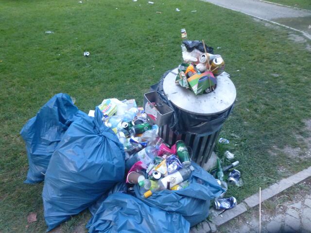 Einer von vielen übervollen Mistkübeln.
Wervolle Rostoffe wie Glas, Aluminium und div. Plastiksorten werden als Restmüll entsorgt.