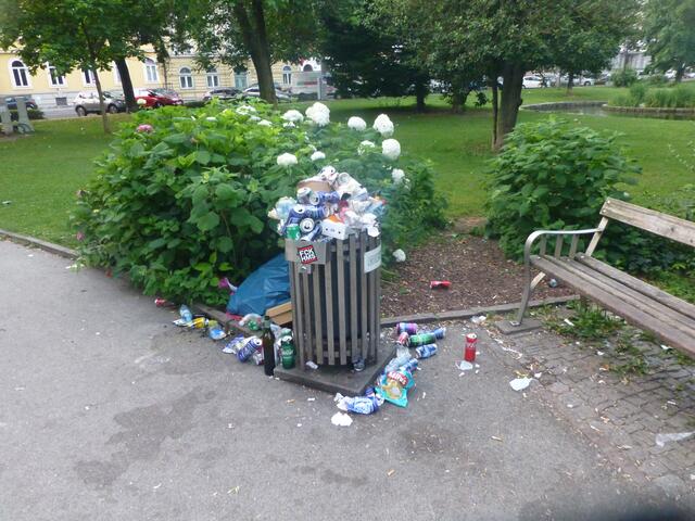 Einer von vielen übervollen Mistkübeln.
Wervolle Rostoffe wie Glas, Aluminium und div. Plastiksorten werden als Restmüll entsorgt.