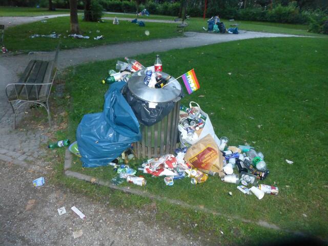 Einer von vielen übervollen Mistkübeln.
Wervolle Rostoffe wie Glas, Aluminium und div. Plastiksorten werden als Restmüll entsorgt.