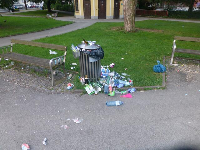 Einer von vielen übervollen Mistkübeln.
Wervolle Rostoffe wie Glas, Aluminium und div. Plastiksorten werden als Restmüll entsorgt.