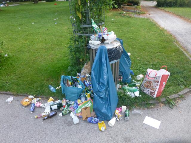 Einer von vielen übervollen Mistkübeln.
Wervolle Rostoffe wie Glas, Aluminium und div. Plastiksorten werden als Restmüll entsorgt.