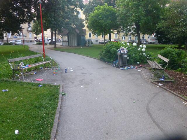 Einer von vielen übervollen Mistkübeln.
Wervolle Rostoffe wie Glas, Aluminium und div. Plastiksorten werden als Restmüll entsorgt.