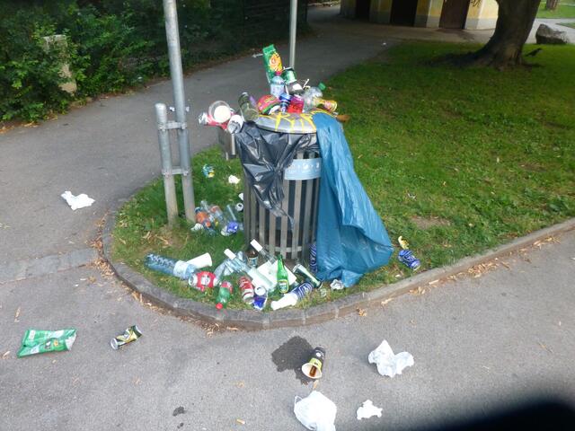Einer von vielen übervollen Mistkübeln.
Wervolle Rostoffe wie Glas, Aluminium und div. Plastiksorten werden als Restmüll entsorgt.