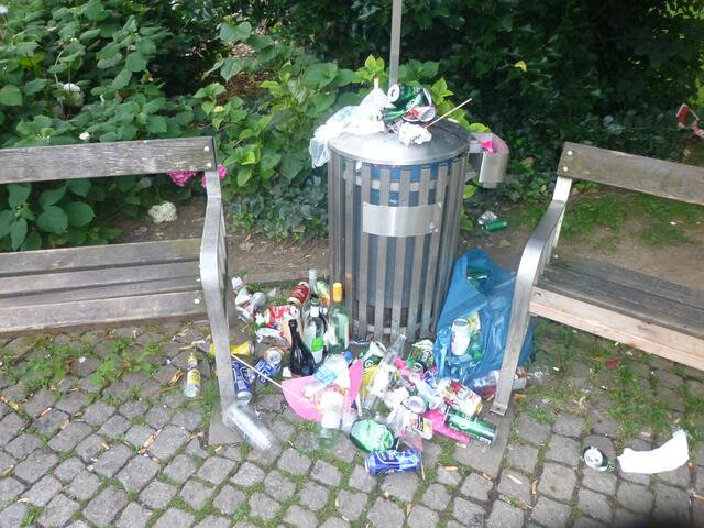 Einer von vielen übervollen Mistkübeln.
Wervolle Rostoffe wie Glas, Aluminium und div. Plastiksorten werden als Restmüll entsorgt.