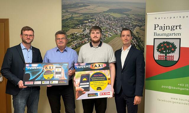 Fachgruppenobmann Hubert Bleich, Bürgermeister Kurt Fischer, Jugendgemeinderat Julian Schmiedl und Christoph Kobliha (Wirtschaftskammer) | Foto: WKB