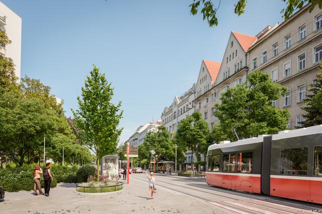 Mehr als 100 Bäume, Grüngleise und mehr sollen die Grätzl entlang der Linie 12 zusätzlich aufwerten. | Foto: ZOOMVP/Stadt Wien (Rendering)