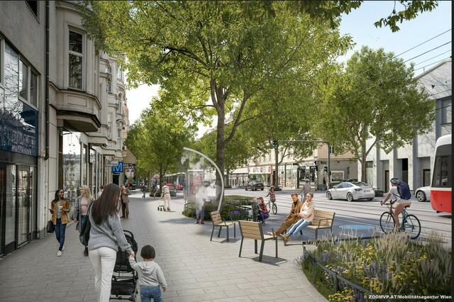 Der Baustart für die Umgestaltung der Äußeren Mariahilfer Straße ist am Freitag erfolgt. So soll es am Ende aussehen. | Foto: ZOOMVP.AT/Mobilitätsagentur