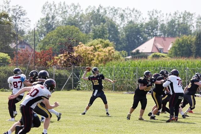  Quarterback Raphael Pargfrieder beim Werfen des Balls. Die Offensive Line (auch O-Line genannt) hält ihm dabei die Gegenspieler aktiv vom Hals, damit er genug Zeit zum Werfen hat und nicht verletzt wird. | Foto: Thomas Beck