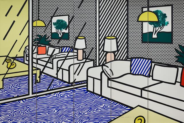 Eines seiner späteren Werke von 1992: "Tapete mit Interieur mit blauem Fußboden". | Foto: Estate of Roy Lichtenstein, Wien 2024
