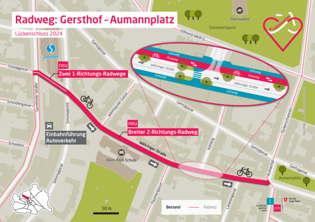 Seit 2. Juli wird in Währing für den Zwei-Richtungsradweg gebaut. Bis Ende 2024 sollen die Bauarbeiten beendet sein.  | Foto: Stadt Wien/Mobilitätsagentur Wien