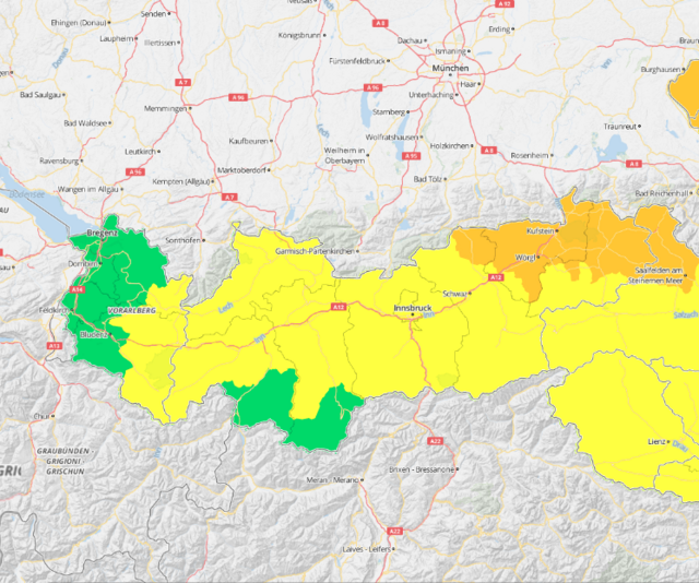 Warnstufe Orange in Teilen Tirols von Mittwochnachmittag bis Donnerstag | Foto: Screenshot GeoSphere vom 10.7.2024