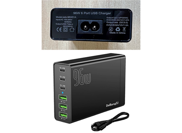 Produkt: AC/USB-Adapter Ladegerät mit mehreren USB-Anschlüssen, Marke: Hongyee, Modellnummer: ZETX96W01A, Herkunftsland: China | Foto: Europäische Kommission