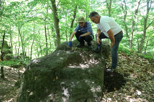Archäologe Stephan Karl (l.) mit Besucher Karl Lenz an einer Stelle, an der Mühlsteine gebrochen wurden. | Foto: Johann Schleich
