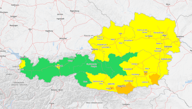 Wetterwarnstufe "gelb" ("Vorsicht!") für weite Teile des Landes – stellenweise gibt die GeoSphere auch die "orange" Warnstufe ("Achtung!!") aus. | Foto: GeoSphere Austria