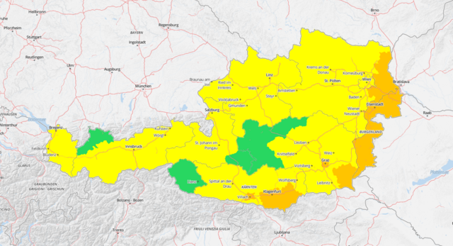 Hitzewarnung für Samstag bzw. Sonntag: 
"gelb" = "Vorsicht!"
"orange" = "Achtung!!" | Foto: GeoSphere Austria