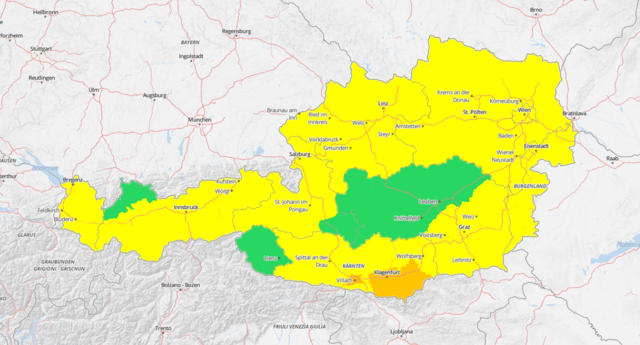 Hitzewarnung für Freitag: 
"gelb" = "Vorsicht!"
"orange" = "Achtung!!" | Foto: GeoSphere Austria